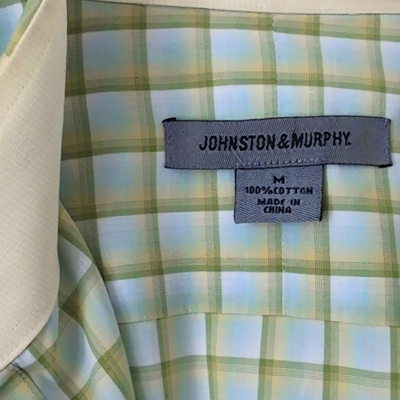 Johnston & Murphy Plaid Cotton Button Down Dress Shirt Green Yellow Medium - Picture 3 of 7